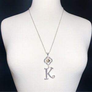 Initial K Monogram Letter Quatrefoil Silver & Gold Tone Long Necklace